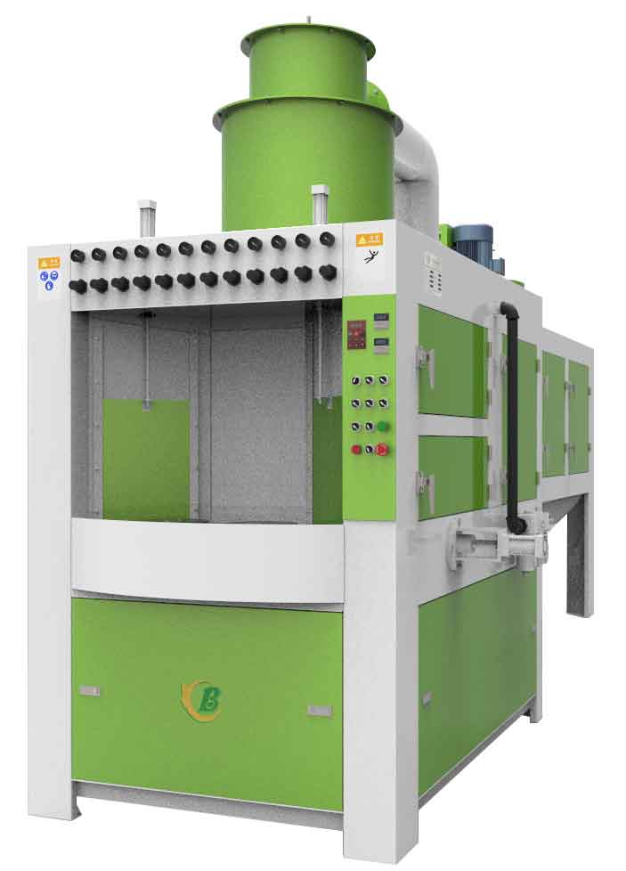 電飯鍋轉(zhuǎn)盤式自動噴砂機，炊具件自動噴砂機-1、轉(zhuǎn)臺自動間歇回轉(zhuǎn)，定位精準(zhǔn)（也可根據(jù)產(chǎn)品要求設(shè)計連續(xù)旋轉(zhuǎn)），多工位同時加工； 2、噴槍組可選水平、垂···